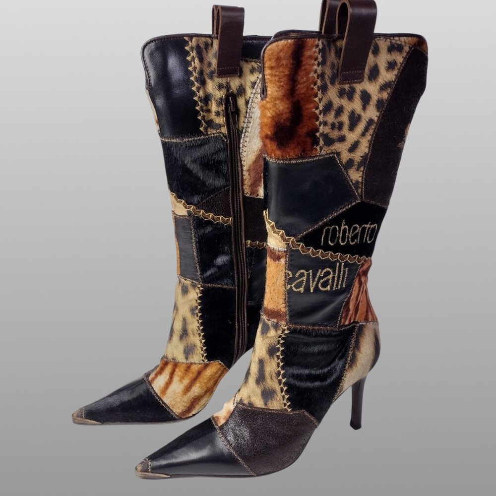 Roberto Cavalli Signature Pony Hair Calfskin Jaguar Print Boots 36 with Box